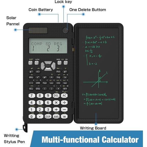 UYWGF-Scientific Calculator for Students with Notepad, Middle and High School Supplies for Students, 82 MS Foldable 2-Line Display Science Calculator with Writing Tablet, Solar and Battery Powered