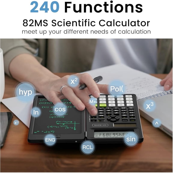 UYWGF-Scientific Calculators for School with Notepad, Middle and High School Supplies for Student, 82 MS Foldable 2-Line Display Science Calculator with Writing Tablet, Solar and Battery Power Black
