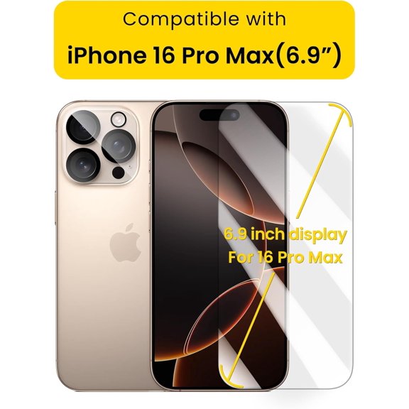 UYWGF-Screen Protector + Camera Lens Protector, Compatible with iPhone 16 Pro Max, Tempered Glass Full Coverage Ultra Strong Protection, HD Clarity, Easy Installation Long-lasting Durability, Bubble