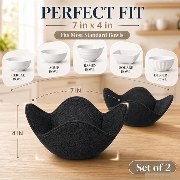 UYWGF-Set 2X Black 7" sq. x 4"H Polyester Microwave Bowl Holder Potholders - Microwavable Soup Bowl Cozy - Hot Pads Holders for Hot Food Quilted - Bowl Cozies for Microwave Kitchen Accessories, Gadge