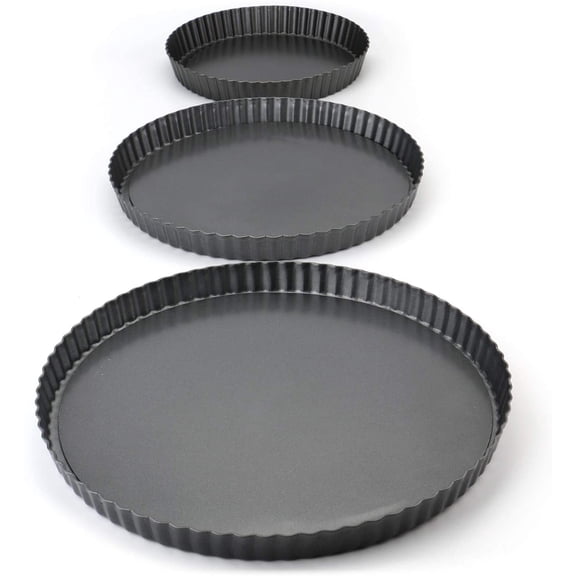 UYWGF-Set of 3 Non-Stick Round Quiche Pan, 12 Inch, 10 Inch, 8 Inch Fruit Tart Pan, Fluted Pie Pan with Removable Bottoms