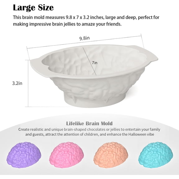 UYWGF-Silicone Brain Mold - White Realistic Human Brain Cake Mold,Large Volume with Support Base,Thicken Organs Mould for Halloween Fondant Candy Chocolate Jelly or Pudding,3.2" Deep