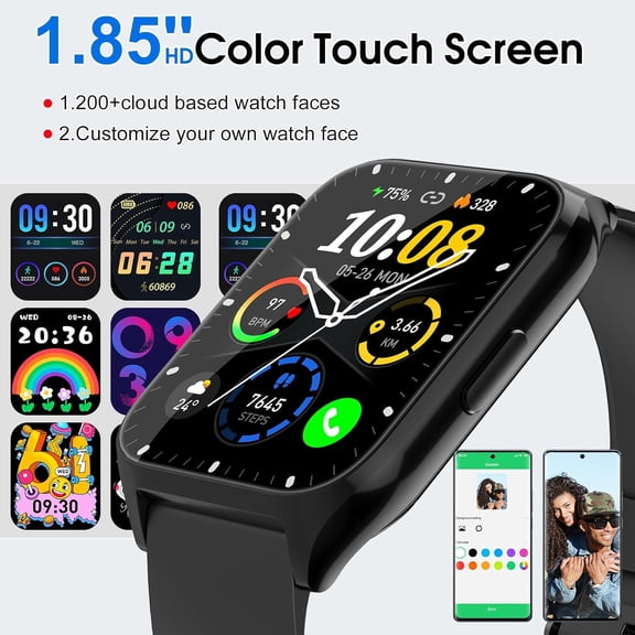 UYWGF-Smart Watch for Men Women (Answer/Make Calls), 1.85" HD Fitness Watch with Heart Rate and Sleep Monitor, 110+ Sports Modes Smartwatch, IP68 Waterproof Activity Tracker for iOS/Android, Black