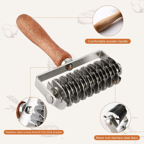 UYWGF-Stainless Steel Dough Lattice Top Cookie Pie Pizza Bread Pastry Crust Roller Cutter Holder Wooden Handle, Lattice Dough Cutter for Fishnet Crust