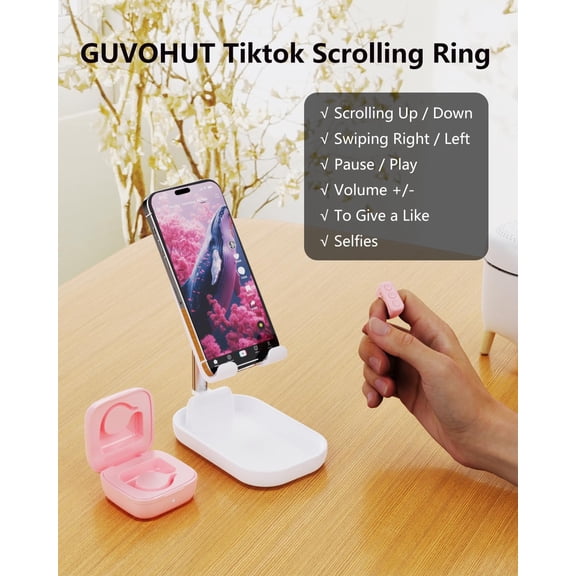 UYWGF-TikTok Remote Control for TikTok, TikTok Scrolling Ring, Bluetooth Page Turner for iPad/Kindle App/iPhone/Android (Pink)
