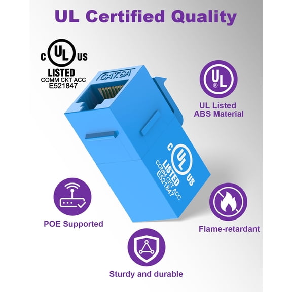 UYWGF-UL Certified CAT6A Keystone Coupler (5-Pack)  UTP RJ45 Female-to-Female Jack, Works with CAT6A/CAT6/CAT5E Cables & PoE Devices for Ethernet Connections, Blue