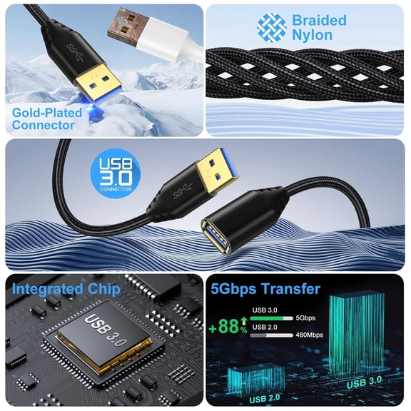 UYWGF-USB 3.0 Extension Cable, 4Pack [6ft] USB A Male to Female Braided Extender Cord 5Gbps Fast Data Transfer for Hard Drive, Keyboard, Mouse, Webcam, USB Flash Drive, Printer - Black
