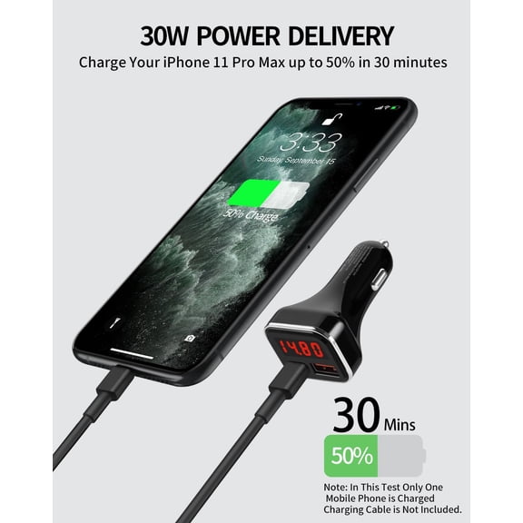 UYWGF-USB C Car Charger Adapter with Volt Meter, 30W Cigarette Lighter Adapter with Voltmeter, Type C Car Charger Fast Charging 12V, PD & QC 3.0 Compatible with iPhone 15 Pro Max, Samsung Galaxy S24