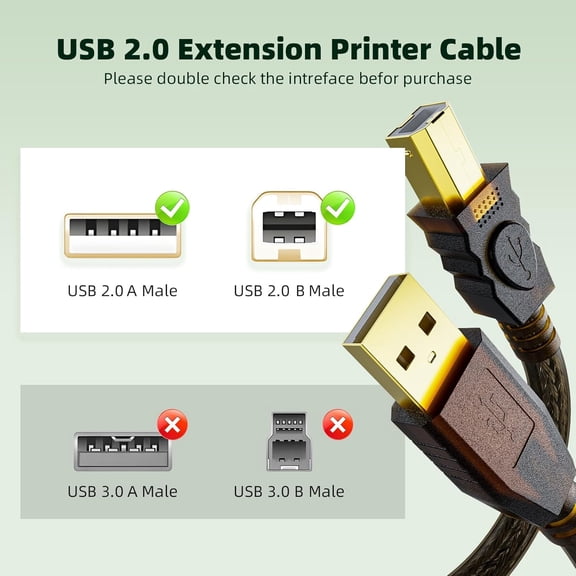 UYWGF-USB Printer Cable 30FT/10M, USB Type A to Type B Male to Male Scanner Active USB 2.0 Cord, High Speed for HP, Dell, Epson, Lexmark, Xerox, Brother, etc, Transparent Black