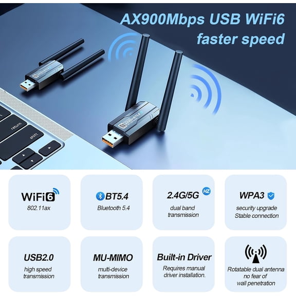 UYWGF-USB WiFi 6 Adapter & Bluetooth 5.4 900Mbps Dual Band 5G/2.4G, 5dBi Antenna for Desktop PC Laptop, Built-in Driver Windows 11/10/7