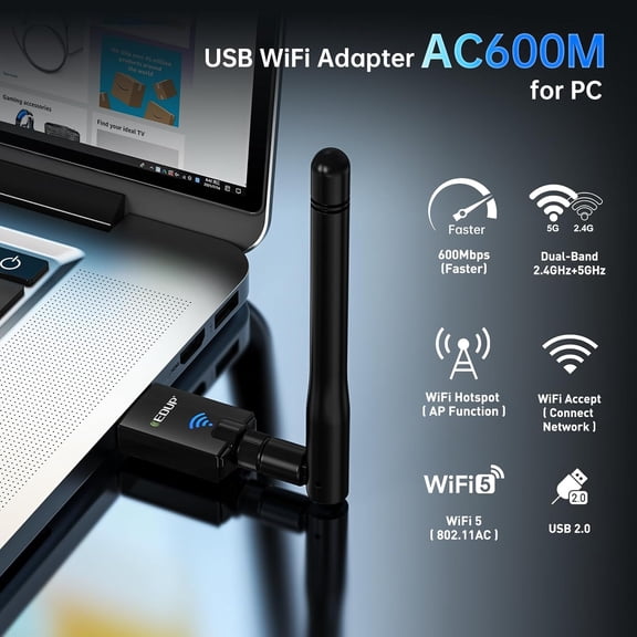 UYWGF-USB WiFi Adapter AC600M for Desktop PC, Wireless USB Network Adapters Dual Band 2.4G/5.8Ghz Wi-Fi Dongle, Compatible with OS Windows 11/10/8.1/8/7/XP & Mac 10.6~10.14