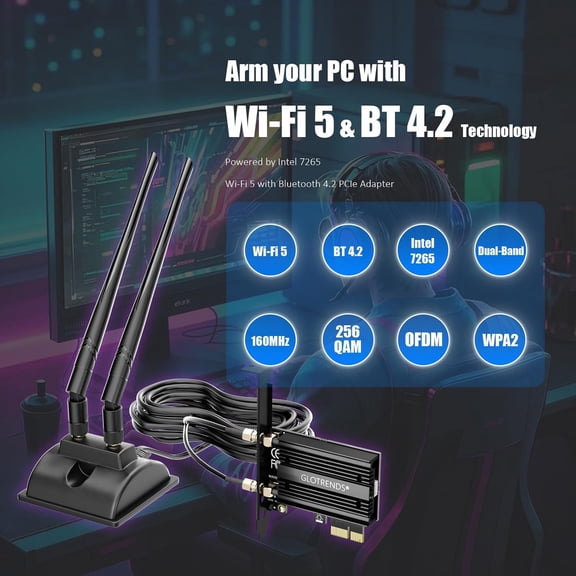 UYWGF-WiFi 5 PCIe Card with 2-Meter Extension Antenna for Desktop PC, Intel 7265 Chip, 802.11ac, Bluetooth 4.2, Support Windows 11/10/7/Linux, Support Intel/AMD Motherboard