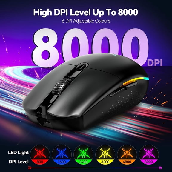 UYWGF-Wireless Gaming Mouse Rechargeable - 8000 DPI, Long-Lasting 100Hrs Battery, RGB Backlit, 6 Programmable Buttons, Dual Connectivity (2.4G + USB-C) for PC, Mac, Laptop - Black