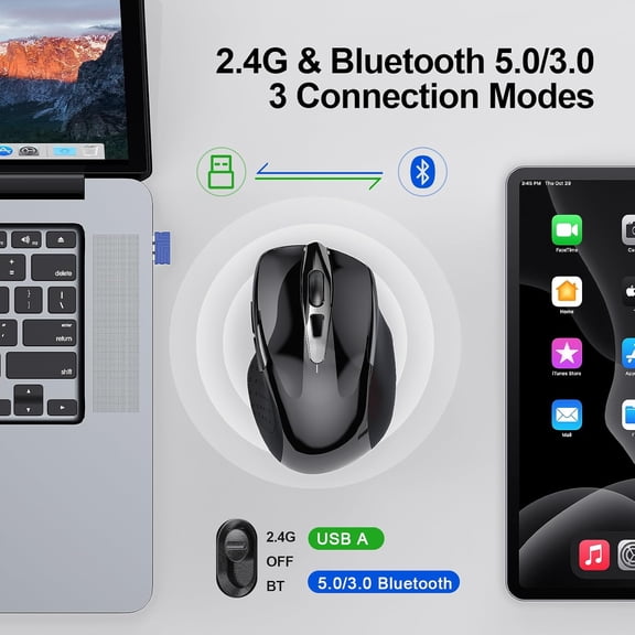 UYWGF-Wireless Mouse (2.4G & BT5.0/3.0) Silent 4800 DPI Computer USB A & Bluetooth Mouse 6 Buttons, Wide Compatibility - Black
