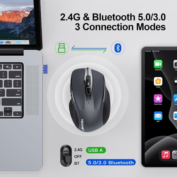UYWGF-Wireless Mouse (2.4G & BT5.0/3.0) Silent 4800 DPI Computer USB A & Bluetooth Mouse 6 Buttons, Wide Compatibility - Grey