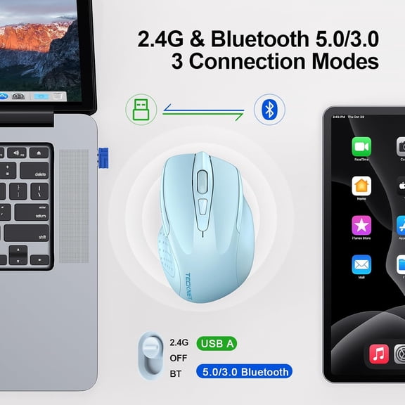 UYWGF-Wireless Mouse (2.4G & BT5.0/3.0) Silent 4800 DPI Computer USB A & Bluetooth Mouse 6 Buttons, Wide Compatibility - Lightblue