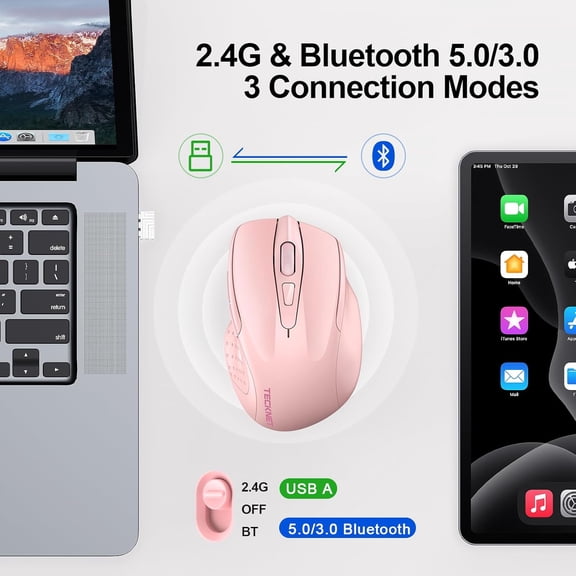 UYWGF-Wireless Mouse (BT5.0/3.0 & 2.4G) Rechargeable 4800 DPI Silent USB A & Bluetooth Mouse 6 Buttons, Wide Compatibility - Pink