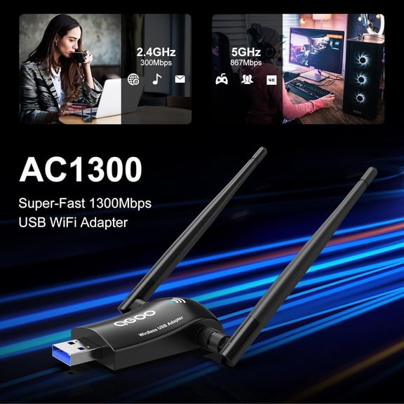 UYWGF-Wireless WiFi Adapter for Desktop PC - AC1300Mbps USB 3.0 Network Dongle with 5dBi High Gain Dual Antennas, 2.4GHz/5GHz Dual Band for Laptop Computer Compatible Windows11/10/8