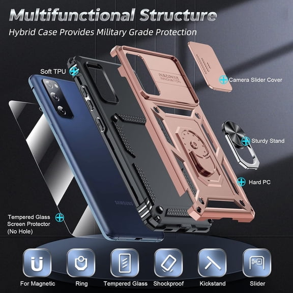 UYWGF-for Galaxy S20-FE 5G Case: with Slide Camera Cover + Glass Screen Protector, Military-Grade Cell Android Cover with Metal Ring Kickstand, Rose Gold