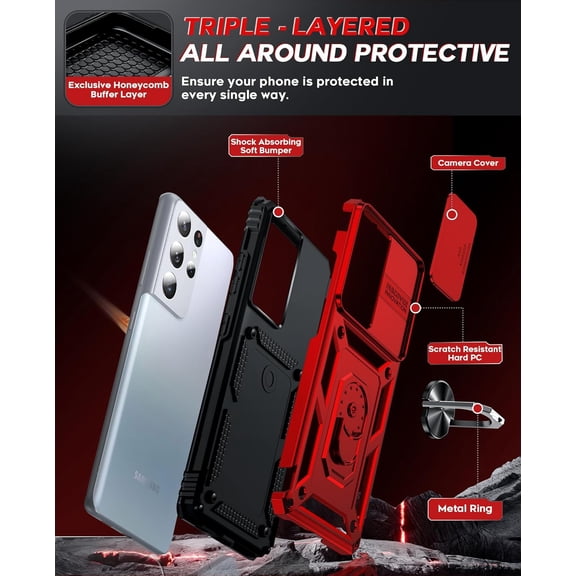 UYWGF-for Galaxy S21 Ultra-5G Case: Samsung S21 Ultra Phone Case with Slide Camera Cover, 2 in 1 Heavy Duty Shockproof Protective Phonecase Cover with Magnet Stand for Samsung 21S Ultra 5G Women, Red