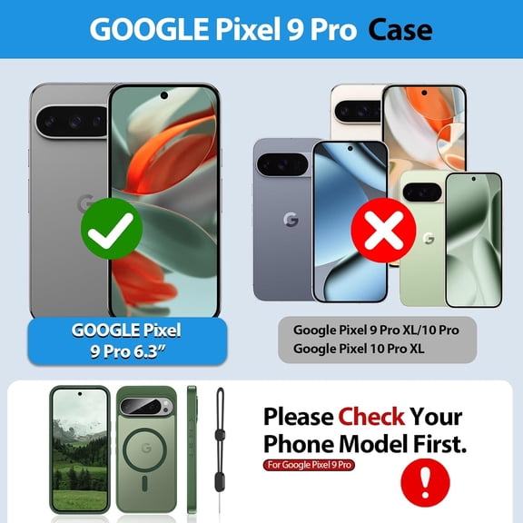 UYWGF-for Google Pixel 9/Google Pixel 9 Pro Cover,with Tempered Glass Screen Protector,Compatible with MagSafe Wireless Charging,Lanyard & Matte Shockproof,Magnetic Funda Protective Pixel 9/9Pro, Gre