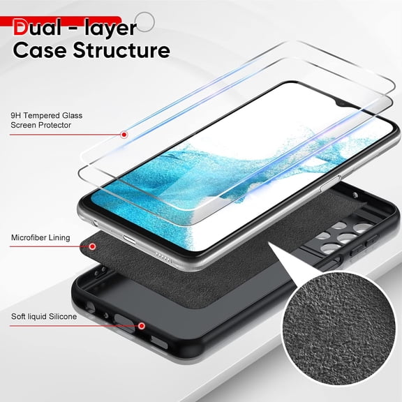 UYWGF-for Samsung Galaxy A23 4G/5G Case, Galaxy A23 Case with [2 Pack] Tempered Glass Screen Protector & Camera Lens Protector, Liquid Silicone Soft Microfiber Liner Cover for Samsung A23, Black