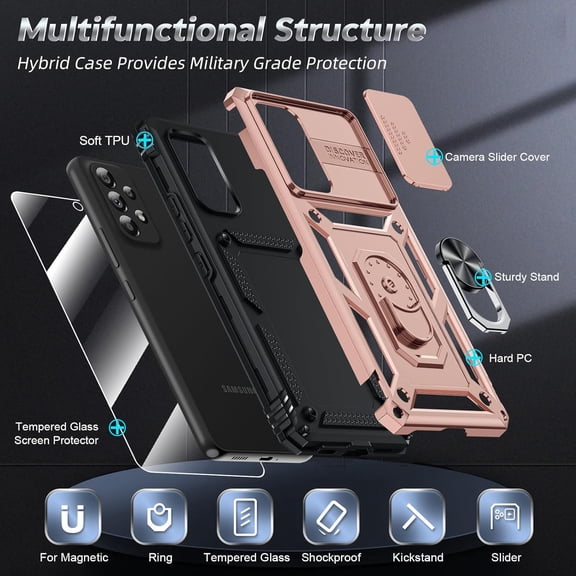 UYWGF-for Samsung Galaxy A53-5G Case: A53 5G Phone Case with Slide Camera Cover + Glass Screen Protector Accessories, Shockproof Android Case Cover Funda para with Magnetic Ring Kickstand, Rose Gold