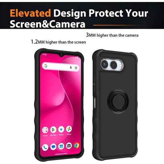 UYWGF-for T-Mobile Revvl 8 Case Compatible for Revvl 8 Phone Case Cover [with Tempered Glass Screen Protector][ 2MM Thickening Super Protection][Ring Support] Black