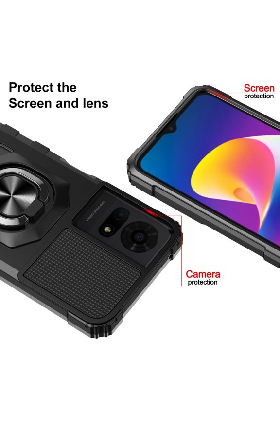 -for TCL K24/TCL K23/TCL 50 LE Phone Case with Tempered Glass Screen Protector,Military Grade Heavy Duty Shockproof Protective Cover,with Ring Kickstand (TCL K24, Black)