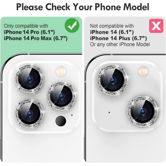 UYWGF-for iPhone 14 Pro/14 Pro Max Camera Lens Protector Bling, 9H Hardness Scratchproof Metal Individual Ring Protector, Stylish Accessories, Case Friendly (Silver Glitter)