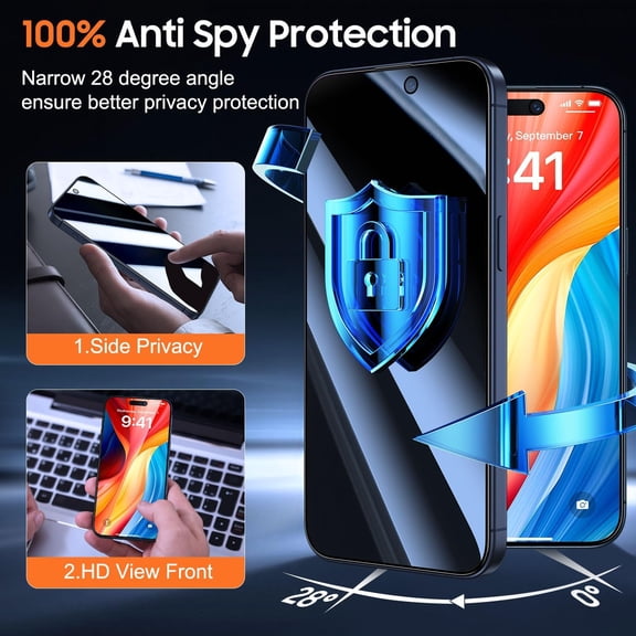 UYWGF-for iPhone 15 Pro Privacy Screen Protector, [Military Grade Shatterproof & 9H+ Hardness] Screen Protector 15 Pro Tempered Glass Full Coverage Protection, Easy to install, 2 Packs