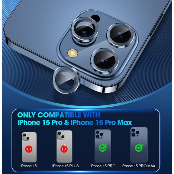 UYWGF-for iPhone 15 Pro/iPhone 15 Pro Max Camera Lens Protector Individual Metal Ring 9H Hardness Scratchproof Protector, Stylish Accessories, Case Friendly (Dark Blue)