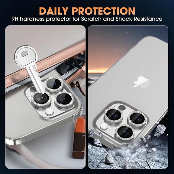 UYWGF-for iPhone 16 Pro/16 Pro Max Camera Lens Protector Bling Individual Metal Diamond Ring 9H Hardness Scratchproof Protector, Stylish Phone Accessories, Case Friendly (Gray Diamond)