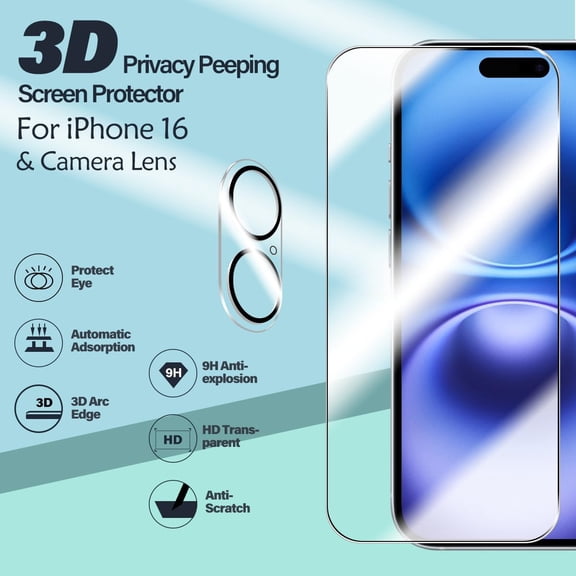 UYWGF-for iPhone 16 Screen Protector + Camera Lens Protectors, [2 + 2 Pack] Premium HD Tempered Glass, Anti-Bubble 3D Curved Accuracy Film For iPhone 16(6.1 Inch)
