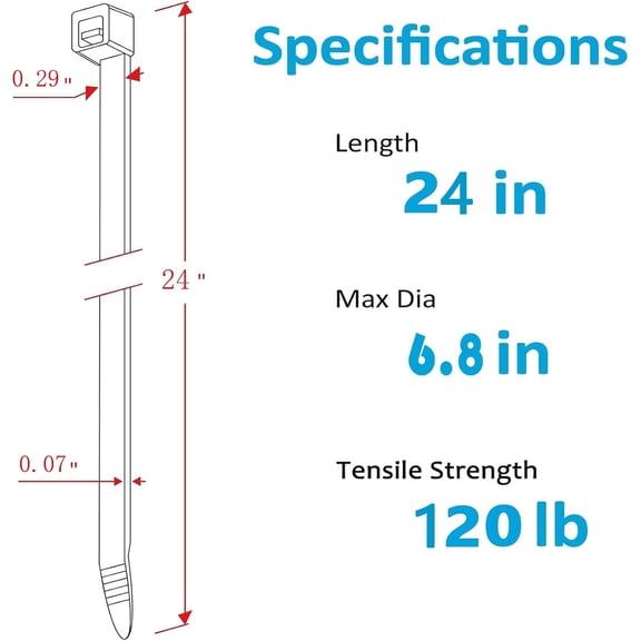 UYWGF-heavy duty zip ties 24 inch white,extra long nylon cable ties, 50 pieces,120 lb tensile strength