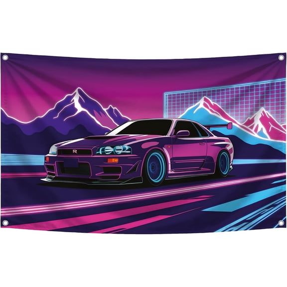 UYWGN-3x5 Feet Purple Racing Car Polyester Flag with Mountains In The Background with Four Brass Grommets - Car Wall Poster for Outdoor or Indoor - Auto Banner for Room Man and Guys - Flags for GTR F