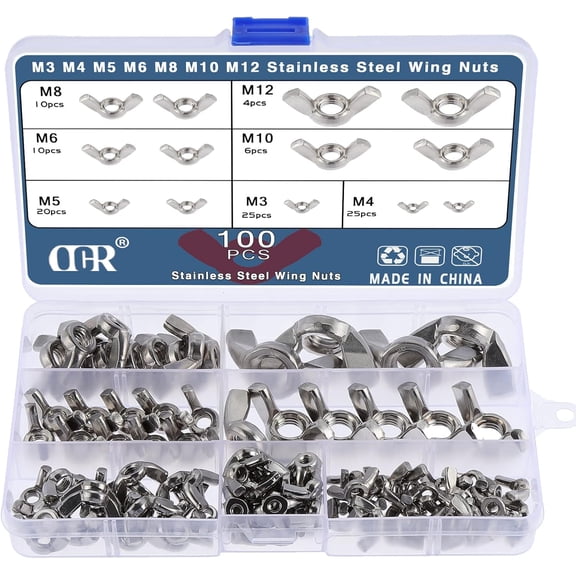 UYWZQ-100Pcs 7Sizes Butterfly Wing Nuts Assortment Kit, M3 M4 M5 M6 M8 M10 Sizes Stainless Steel Wing Nuts Fasteners