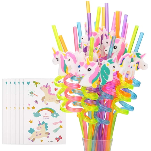 UYWZQ-24 Reusable Unicorn Drinking Plastic Straws + 6 Temporary Tattoos for Girls | Birthday Party Supplies - Rainbow Unicorn Party Favors Decorations with 2 Cleaning Brush