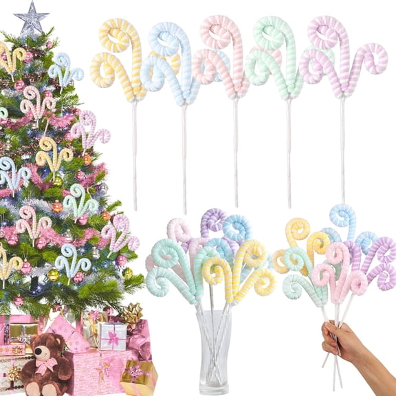 UYWZQ-5pcs Set Macaron Color Christmas Decorations Picks, Pastel Woolen Candy Cane Christmas Tree Curly Picks, Christmas Tree Topper Decorations Home Vase Holiday Party Ornaments