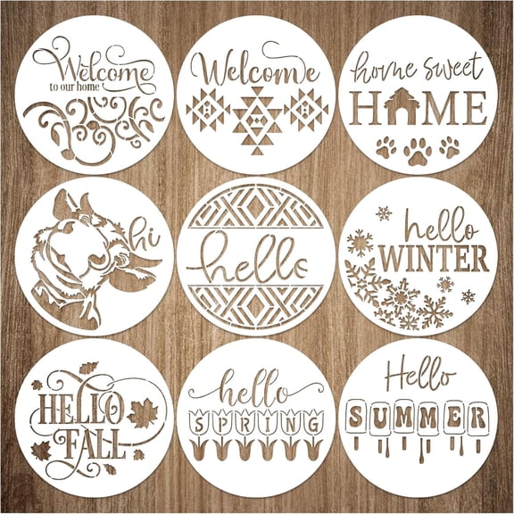 UYWZQ-9 Pcs Welcome Stencils for Painting on Wood Reusable Round Home Sweet Home Stencil Large Hello Fall Templates for Door Hanger Canvas DIY Crafts (9 Welcome)