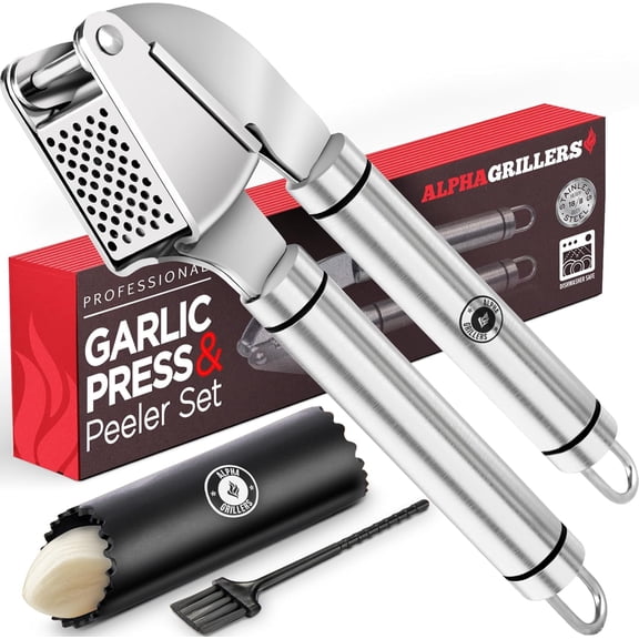 UYWZQ-Alpha Grillers Garlic Press Stainless Steel - Easy to Clean, Rust-Proof, Dishwasher Safe - Stainless Steel Garlic Press, Mincer, Crusher with Silicone Peeler & Cleaning Brush