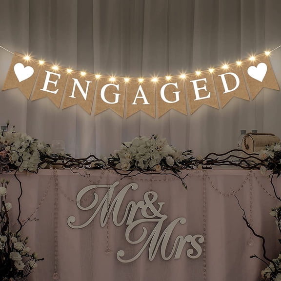 UYWZQ-Engagement Party Decorations Engaged Banner Heart Burlap Rustic Bunting Garland LED Fairy Lights Battery Operated String Lights for Congratulations Engaged Party Outdoor Tree Decorations Weddin