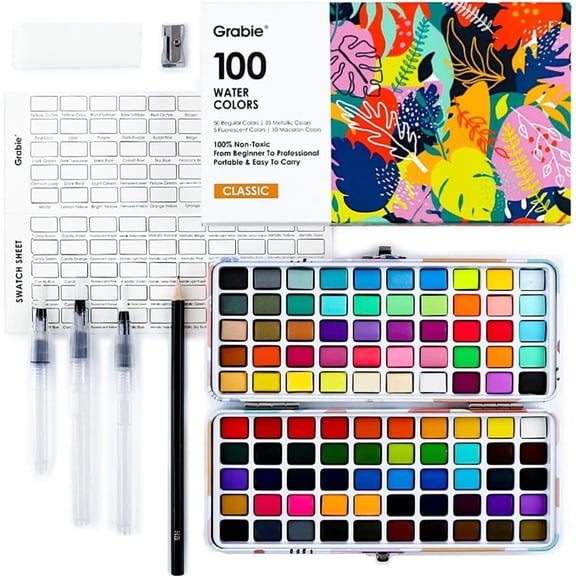 UYWZQ-Grabie 50 Colors Premium All-In-One Water Color Paint Set - Detail Paint Brush Included, Watercolor Paints, Painting Sets, Art Supplies, Portable & Travel Watercolor Set, Amateur Hobbyists