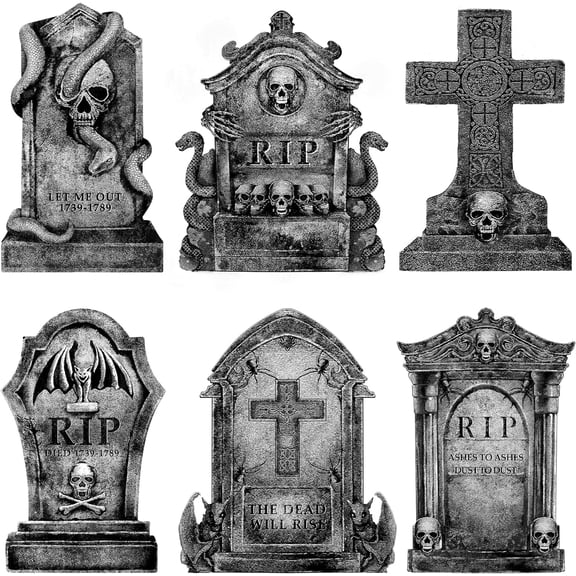 UYWZQ-Halloween Decorations Outdoor Graveyard Tombstones: 6ct Large Tombstone Halloween Decor Yard Signs with Stakes, 16" Realistic Scary Skeleton RIP Cemetery Gravestones for Yard Lawn Outside Home