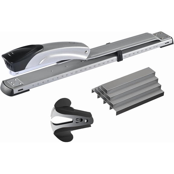 UYWZQ-Long Reach Stapler,with 2000 Staples & Stapler Remover Full Strip,20-25 Sheet Capacity,with Built-in Ruler and Adjustable Locking Paper Guide, Silvery