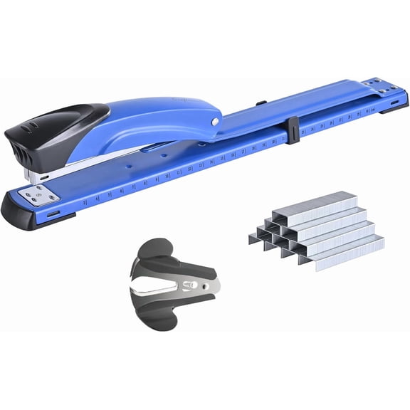 UYWZQ-Long Reach Stapler,with 2000 Staples & Stapler Remover Full Strip,20-25 Sheet Capacity,with Built-in Ruler and Adjustable Locking Paper Guide, Silvery