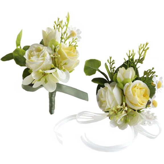 UYWZQ-MAFELOE Artificial Corsage Boutonniere Set for Groom Bride Groomsmen Bridesmaids, Simulated Flowers Accessories Wedding Party Prom Suit Decorations-2 Pieces of Light Yellow+Champagne