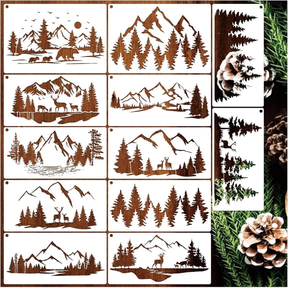 UYWZQ-Mountain Stencils Pine Tree Stencils for Painting on Wood Reusable Forest Deer Bear Drawing Templates for Wood Burning Furniture Wall Fabric Window Crafts (12 Mountain)