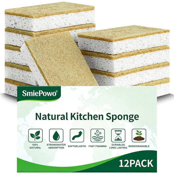 UYWZQ-Natural Kitchen Sponge Compostable Kitchen Sponges Cellulose and Coconut Scrubber Abrasive Scrubbing Pads SmilePowo Environmentally Friendly Sponge for Dishes (12 Pack)