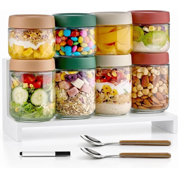 UYWZQ-Qipecedm 8 Pack Overnight Oats Containers with Lids, Large & Small Glass Mason Jars 16oz & 10 oz, Breakfast Oatmeal Container to Go, Salad Meal Prep Jars for Food Storage, Mush Chia Seed Puddin